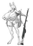  anthro big_breasts bikini breasts canine clothed clothing female greyscale gun huge_breasts hyper hyper_breasts mammal monochrome ndragon3 ranged_weapon solo swimsuit thick_thighs voluptuous weapon 