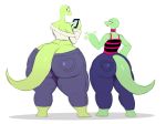  2018 anthro big_butt big_thighs biped bliss_(sssonic2) butt clothed clothing digital_media_(artwork) duo female fully_clothed hi_res holding_object holding_phone huge_butt huge_hips huge_thighs joy_(sssonic2) lizard midriff pants phone purple_eyes rear_view reptile scalie sibling simple_background sisters sssonic2 voluptuous white_background wide_hips yellow_eyes 