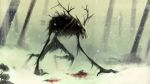  2017 ambiguous_gender antlers black_fur blood corpse death demon digitigrade fur horn mothmandraws outside ribs skull snow snowing solo tree wendigo 