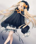  abigail_williams_(fate/grand_order) asuda bangs black_bow black_dress black_hat blonde_hair bloomers blue_eyes blush bow bug butterfly dress eyebrows_visible_through_hair fate/grand_order fate_(series) forehead hair_bow hat insect long_hair long_sleeves orange_bow parted_bangs parted_lips polka_dot polka_dot_bow sleeves_past_fingers sleeves_past_wrists solo underwear very_long_hair white_bloomers 