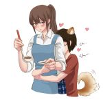  animal_ears apron back_kiss black_hair blush brown_hair closed_eyes commentary_request cooking cropped_torso dog_ears dog_tail extra_ears heart height_difference holding hug hug_from_behind kemonomimi_mode kiss komano_hina ladle long_hair multiple_girls okujou_no_yurirei-san open_mouth rin.hayashiki short_hair short_sleeves simple_background sleeves_rolled_up tail toomi_yuna white_background yuri 