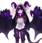  absurdres ass_visible_through_thighs bangs black_hair blunt_bangs blush bouquet bridal_veil commentary commission demon_girl english_commentary flower highres horns long_hair looking_at_viewer monster_girl monster_girl_encyclopedia multicolored_hair night_gaunt_(monster_girl_encyclopedia) pointy_ears purple_hair red_eyes simple_background solo sookmo streaked_hair tail two-tone_hair veil white_background wings 