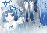  alternate_costume animal_ears black_hair clothes_writing commentary common_raccoon_(kemono_friends) from_outside frown gloves kemono_friends multicolored_hair open_mouth raccoon_ears rain sad shirt short_hair short_sleeves skirt solo t-shirt tanaka_kusao wet wet_clothes 