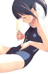  bangs bare_arms bare_shoulders black_hair black_swimsuit breasts brown_eyes closed_mouth collarbone commentary_request competition_school_swimsuit covered_navel eyebrows_visible_through_hair food holding holding_food ice_cream lips long_hair looking_down one-piece_swimsuit original ponytail popsicle profile school_swimsuit senjitsu_musou sexually_suggestive side_ponytail sidelocks simple_background sitting small_breasts solo swimsuit white_background 