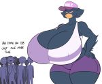  2017 animated anthro avian big_breasts bird black_feathers breasts busty_bird cleavage clothed clothing corvid crow dialogue english_text feathers female group hand_on_hip hat huge_breasts hyper hyper_breasts jaeh nipple_bulge red_eyes shirt simple_background tank_top text white_background wide_hips 