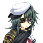  beret cape eyepatch green_hair hat highres kantai_collection kiso_(kantai_collection) long_hair looking_at_viewer parted_lips remodel_(kantai_collection) school_uniform serafuku silver_eyes simple_background solo tk8d32 white_background 