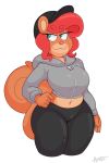  2018 acstlu anthro breasts clothed clothing digital_media_(artwork) female fully_clothed hair half-closed_eyes hat hi_res lizette mammal midriff navel red_hair rodent simple_background smile solo squirrel white_background 