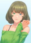  bangs bare_shoulders blue_background blue_eyes blunt_bangs closed_mouth commentary_request dress eyebrows_visible_through_hair fateline_alpha green_dress green_eyes green_hair heterochromia highres idolmaster idolmaster_cinderella_girls long_sleeves looking_at_viewer mole mole_under_eye off_shoulder short_hair smile solo sweater sweater_dress takagaki_kaede upper_body 
