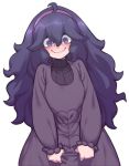  ahoge al_bhed_eyes blue_hair blush commentary cowboy_shot dress english_commentary hairband hex_maniac_(pokemon) long_hair looking_at_viewer messy_hair pokemon pokemon_(game) pokemon_xy purple_dress purple_hairband simple_background skirt_hold smile solo space_jin turtleneck wavy_mouth white_background 