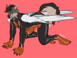  2018 anthro apollo_hale bdsm bondage bound canine digital_media_(artwork) heterochromia mammal pawpads pup_play rokemi simple_background smile solo wings wolf 