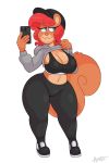  2018 :3 acstlu anthro big_breasts bra breasts cellphone clothed clothing clothing_lift digital_media_(artwork) female fully_clothed hair half-closed_eyes hat hi_res holding_object holding_phone hoodie hoodie_lift huge_hips huge_thighs lizette mammal midriff navel phone pink_nose red_hair rodent selfie simple_background smile solo sports_bra squirrel underwear white_background 