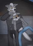  2016 anthro belt black_nose cael_o&#039;donnell canine clothing digital_media_(artwork) eye_patch eyewear father frostclaw fur grey_fur invalid_color jacket jeans male mammal nintendo noogie pants parent son star_fox star_fox_the_animated_series video_games wolf wolf_o&#039;donnell yellow_eyes yellow_teeth young 