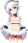  adapted_costume apron apron_lift ass_visible_through_thighs azur_lane bandeau bare_shoulders belchan_(azur_lane) belfast_(azur_lane) blue_eyes braid breasts choker clearite cowboy_shot eyebrows_visible_through_hair french_braid gloves head_tilt long_hair maid_bikini maid_headdress navel one_side_up panties ribbon_choker side-tie_panties side_braid simple_background small_breasts smile solo thighhighs underwear waist_apron white_background white_hair white_legwear younger 