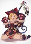  307_(aho307) :3 :d animal_hood belt birdcage black_dress blonde_hair blue_eyes boots cage cat cat_hood commentary_request dress fur_trim granblue_fantasy grey_background hands_up highres hood hood_up kuronekodoushi looking_at_viewer open_mouth paws pouch short_dress short_hair simple_background sitting smile solo staff wariza 