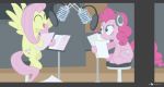  blue_eyes cutie_mark dm29 duo earth_pony equine feathered_wings feathers female feral fluttershy_(mlp) friendship_is_magic fur hair headphones horse long_hair mammal microphone my_little_pony paper pegasus pink_hair pinkie_pie_(mlp) pony recording_studio script singing wings yellow_feathers 