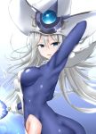  absurdres arm_behind_head armpits ass bad_anatomy blue_eyes bodystocking breasts covered_nipples duel_monster error from_side gem hair_between_eyes hat highres kirikan large_breasts long_hair looking_at_viewer looking_back open_mouth silent_magician silver_hair smile solo staff very_long_hair wizard_hat yuu-gi-ou yuu-gi-ou_duel_monsters 