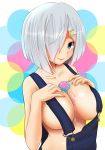  bare_shoulders blue_eyes breasts cleavage collarbone food food_on_breasts hair_ornament hair_over_one_eye hairclip hamakaze_(kantai_collection) hand_on_own_chest hifumi_kei highres ice_cream kantai_collection large_breasts looking_at_viewer melting naked_overalls overalls short_hair silver_hair smile solo upper_body 