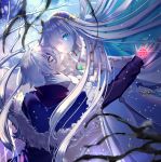  1girl anastasia_(fate/grand_order) artist_name bags_under_eyes bare_tree black_jacket black_shirt blue_cloak blue_eyes blurry blurry_foreground blush brown_eyes brown_hairband brown_ribbon cloak closed_mouth command_spell crying crying_with_eyes_open depth_of_field dress fate/grand_order fate_(series) fur-trimmed_jacket fur_trim glowing hair_over_one_eye hair_ribbon hairband jacket kadoc_zemlupus long_hair long_sleeves looking_at_another looking_at_viewer parted_lips ribbon shirt silver_hair sky smile star_(sky) starry_sky tamaki_mitsune tears tree very_long_hair white_dress 