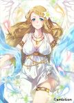  angel_wings armband blue_eyes blush braid breasts brown_hair cleavage dress flower hair_flower hair_ornament himekiss jewelry lily_(flower) long_hair looking_at_viewer maru-kichi medium_breasts necklace official_art outstretched_arms smile solo thigh_strap white_dress white_wings wings 