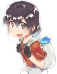  backpack bag black_gloves black_hair blush collarbone eyebrows_visible_through_hair gloves grey_eyes kaban_(kemono_friends) kemono_friends looking_at_viewer monosenbei red_shirt shirt sketch smile solo upper_body 