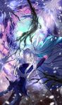  1girl anastasia_(fate/grand_order) artist_name bags_under_eyes bare_tree black_jacket black_pants black_shirt blue_cloak blue_eyes blurry blurry_foreground blush brown_eyes brown_hairband brown_ribbon cloak closed_mouth command_spell commentary_request crying crying_with_eyes_open depth_of_field dress fate/grand_order fate_(series) full_moon fur-trimmed_jacket fur_trim glowing hair_over_one_eye hair_ribbon hairband highres jacket kadoc_zemlupus long_hair long_sleeves looking_at_another looking_at_viewer moon pants parted_lips ribbon shirt silver_hair sky smile star_(sky) starry_sky tamaki_mitsune tears tree very_long_hair white_dress 