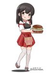  akagi_(kantai_collection) apron black_hair brown_eyes commentary_request dated food full_body hakama_skirt hamburger japanese_clothes kantai_collection long_hair looking_at_viewer masara_(masalucky2010) muneate pleated_skirt red_skirt sandals simple_background skirt solo standing straight_hair tasuki thighhighs tongue tongue_out twitter_username white_background white_legwear younger 
