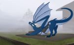  2018 blue_skin claws day detailed_background digital_media_(artwork) dragon feral horn kodardragon membranous_wings outside sky solo standing wings 