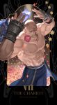  abs ahoge alex_louis_armstrong amestris_military_uniform bald blue_jacket blue_pants character_name chest closed_eyes closed_mouth commentary english_commentary eyelashes facial_hair flower fullmetal_alchemist gauntlets hands_up highres holy_pumpkin jacket jacket_removed male_focus mouth_hold muscle mustache pants petals pink_flower pink_rose rose shirtless solo sparkle spiked_knuckles standing star tarot waist_cape 