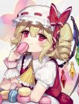  ainy77 alternate_hairstyle ascot blonde_hair blush closed_mouth commentary_request drill_hair flandre_scarlet food hat looking_at_viewer macaron puffy_short_sleeves puffy_sleeves red_eyes short_hair short_sleeves side_ponytail smile touhou upper_body wings wrist_cuffs yellow_neckwear 