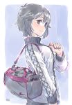  artist_name bag black_hair duffel_bag from_side grey_background hayasui_(kantai_collection) jacket kantai_collection looking_at_viewer nike short_hair silver_eyes simple_background smile solo suzumaru track_jacket upper_body zipping 