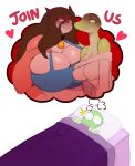  &lt;3 2018 anthro bed big_breasts bliss_(sssonic2) breasts brown_hair cleavage clothed clothing dragon english_text female hair hi_res huge_breasts joy_(sssonic2) lizard long_hair miss_l on_bed pillow reptile scalie simple_background sssonic2 text thought_bubble white_background 