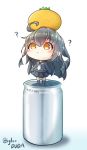  ? ahoge asimo953 balancing big_head black_hair black_serafuku can chibi commentary_request crescent crescent_moon_pin food food_on_head fruit fruit_on_head full_body highres kantai_collection light_brown_eyes long_hair long_sleeves looking_up mandarin_orange mikazuki_(kantai_collection) necktie no_nose object_on_head sailor_collar school_uniform serafuku soda_can solo standing translation_request twitter_username white_background 