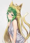  ahoge alternate_costume animal_ears atalanta_(fate) blonde_hair blush cat_ears fate/apocrypha fate/grand_order fate_(series) from_side green_eyes green_hair highres looking_at_viewer meme_attire multicolored_hair solo tail tanaka_arumi virgin_killer_sweater 