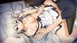  1girl amatori_sumire bra bra_removed breast_grab breasts censored collarbone_visible_through_hair dress drooling dutch_angle game_cg grabbing green_eyes grey_hair hair_between_eyes hetero highres holding_hands interlocked_fingers kakao large_breasts long_hair long_legs lying missionary mosaic_censoring nipples on_back open_mouth sex strap_slip sweat underwear vaginal white_bra white_dress yurameku_kokoro_ni_michita_sekai_de_kimi_no_yume_to_yokubou_wa_kanau_ka 