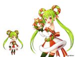  :d aki_no_jikan arms_at_sides bare_shoulders bell bow earrings elf green_hair green_legwear hair_rings jewelry long_hair looking_at_viewer maru-kichi multiple_views official_art open_mouth pointy_ears red_bow red_eyes skirt smile standing striped striped_bow striped_skirt thighhighs twintails watermark wreath 