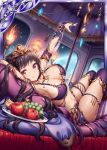  1girl akkijin apple armpits banana bikini black_hair boots breasts card_(medium) cleopatra_(valkyrie_crusade) couch crown dish egyptian food from_side fruit full_moon grapes hair_ornament hand_up long_hair looking_at_viewer looking_back lying medium_breasts moon night night_sky official_art pillow red_eyes shinkai_no_valkyrie sideboob sky solo swimsuit tan tanline thighhighs tiara uraeus 