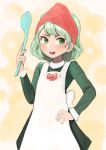  apron bow cowboy_shot dress green_dress green_eyes green_hair hand_on_hip head_scarf highres holding holding_spoon light_green_hair long_sleeves open_mouth permanentlow red_scarf scarf short_hair soga_no_tojiko solo spoon touhou 