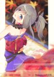  absurdres bare_shoulders blue_eyes blue_kimono earrings fate/grand_order fate_(series) grey_hair highres japanese_clothes jewelry kimono leaf miyamoto_musashi_(fate/grand_order) open_mouth ponytail red_earrings rocorey1115 smile white_hair 