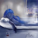  2014 alcohol bath beverage blue_fur blue_hair bubble candle equine eyes_closed female feral food friendship_is_magic fur glass hair hi_res horn mammal my_little_pony nude partially_submerged pillow princess_luna_(mlp) relaxing silfoe smile solo unicorn water window wine 
