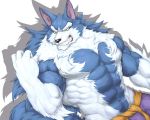  2018 5_fingers abs anthro biceps black_nose blue_hair canine captainjohkid claws clothing darkstalkers flakjacket0204 fur hair hi_res jon_talbain male mammal muscular muscular_male pecs simple_background standing video_games were werewolf white_fur white_hair wolf yellow_eyes 