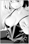  breasts camisole cleavage commentary_request greyscale hair_between_eyes hair_ribbon hand_on_own_chest highres looking_at_viewer medium_breasts monochrome nande_koko_ni_sensei_ga!? no_bra open_mouth original pantyhose ribbon soborou solo spaghetti_strap upper_body 