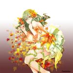  back bare_shoulders barefoot breasts detached_sleeves flower green_hair hair_flower hair_ornament himekiss leaf long_hair looking_at_viewer lying maru-kichi official_art on_side orange_eyes pointy_ears small_breasts solo 