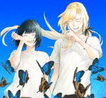  altessimo bangs blue_background blue_butterfly closed_eyes commentary_request crying flying happy_tears idolmaster idolmaster_side-m kagura_rei long_hair low_ponytail multiple_boys open_mouth polka_polka ponytail shirt short_hair short_sleeves smile tears tsuzuki_kei upper_body white_shirt 