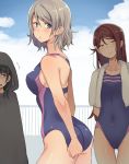  adjusting_clothes adjusting_swimsuit ass bare_shoulders blue_eyes blue_hair blue_swimsuit blush breasts cloak closed_mouth commentary_request competition_swimsuit covered_navel covering covering_ass day from_behind grey_hair highres ind-kary long_hair looking_back love_live! love_live!_sunshine!! medium_breasts multiple_girls one-piece_swimsuit outdoors parted_lips purple_eyes red_hair sakurauchi_riko shiny shiny_hair shiny_skin short_hair smile standing swimsuit towel tsushima_yoshiko watanabe_you wet yellow_eyes 