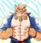  2018 abs anthro bozi clothed clothing eyewear feline fur glasses hi_res lin_hu male mammal muscular muscular_male nekojishi open_shirt pecs simple_background tiger 