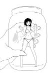  :o against_glass barefoot bikini black_hair blush full_body greyscale highres in_container jar jitensha minigirl monochrome navel open_mouth original simple_background solo surprised swimsuit toes trapped 