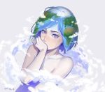  artist_name bangs bare_shoulders blue_eyes blue_hair censored cloud collarbone commentary covering_mouth crying crying_with_eyes_open earth earth-chan earth_hair english_commentary green_hair hand_to_own_mouth highres looking_at_viewer multicolored_hair original short_hair solo swept_bangs tears topless tpiola two-tone_hair 