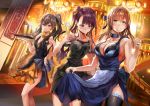  3girls alcohol alternate_costume alternate_hairstyle bangs bare_shoulders black_dress black_legwear blue_dress blush breasts brown_hair champagne_flute chandelier choker cleavage cup dress dress_lift drinking_glass eyebrows_visible_through_hair girls_frontline green_eyes groin hair_between_eyes hair_ornament hair_ribbon himuro_(dobu_no_hotori) holding holding_tray indoors large_breasts lifted_by_self long_hair looking_at_viewer m1903_springfield_(girls_frontline) medium_breasts multiple_girls one_side_up open_mouth ponytail purple_hair red_eyes ribbon scar scar_across_eye sidelocks sleeveless sleeveless_dress smile thighhighs tray ump45_(girls_frontline) very_long_hair wa2000_(girls_frontline) yellow_eyes 
