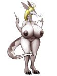  anthro big_breasts blonde_hair breasts clipboard dragon female hair huge_breasts ndragon3 nipples pussy smile solo syringe text thick_thighs voluptuous 