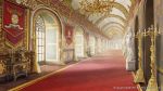  candle candlestand ceiling chandelier company_name fantasy granadia_saga hallway indoors light_rays no_humans official_art palace red_carpet scenery shiki_makoto statue sunbeam sunlight table tapestry tile_floor tiles urn vanishing_point watermark 
